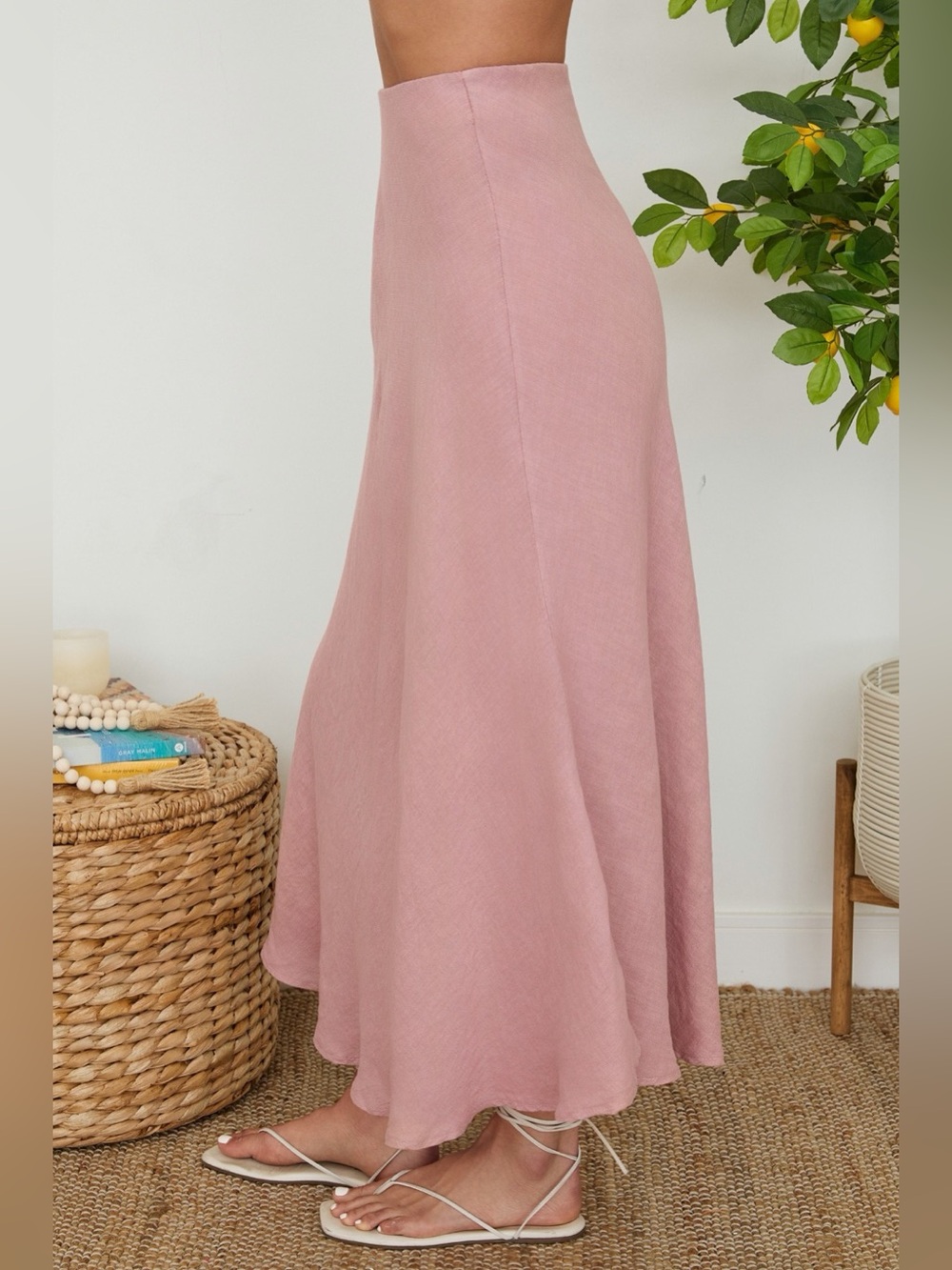 (113002-DUS) SOLID LINEN MIDI SKIRT - Picture 2 of 4